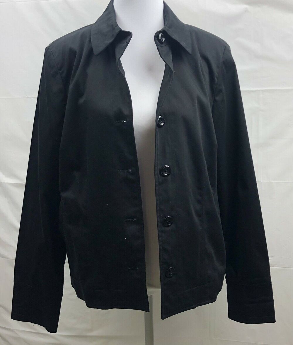 i.e. Jacket Women 14 Black Cotton Stretch Lined All Weather Casual Button Coat